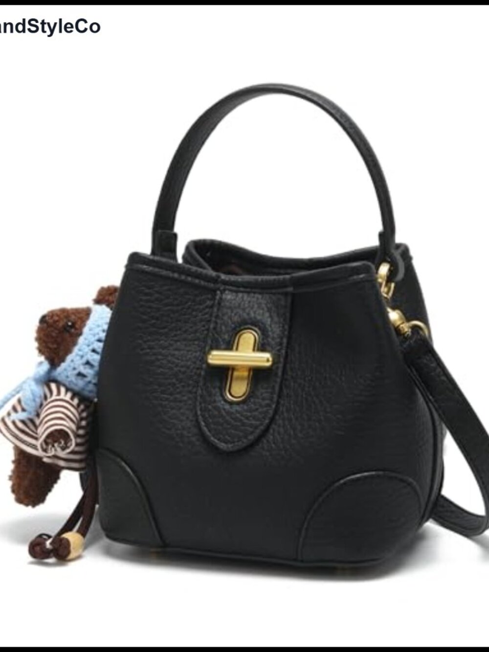 Mini Bucket Handbag PU Leather Crossbody Bag Adjustable Strap Bear Charm